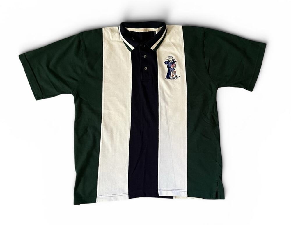 Vintage 90s Vertical Striped Embroidered Cracker Jack Sailor Dog Polo Shirt M/L